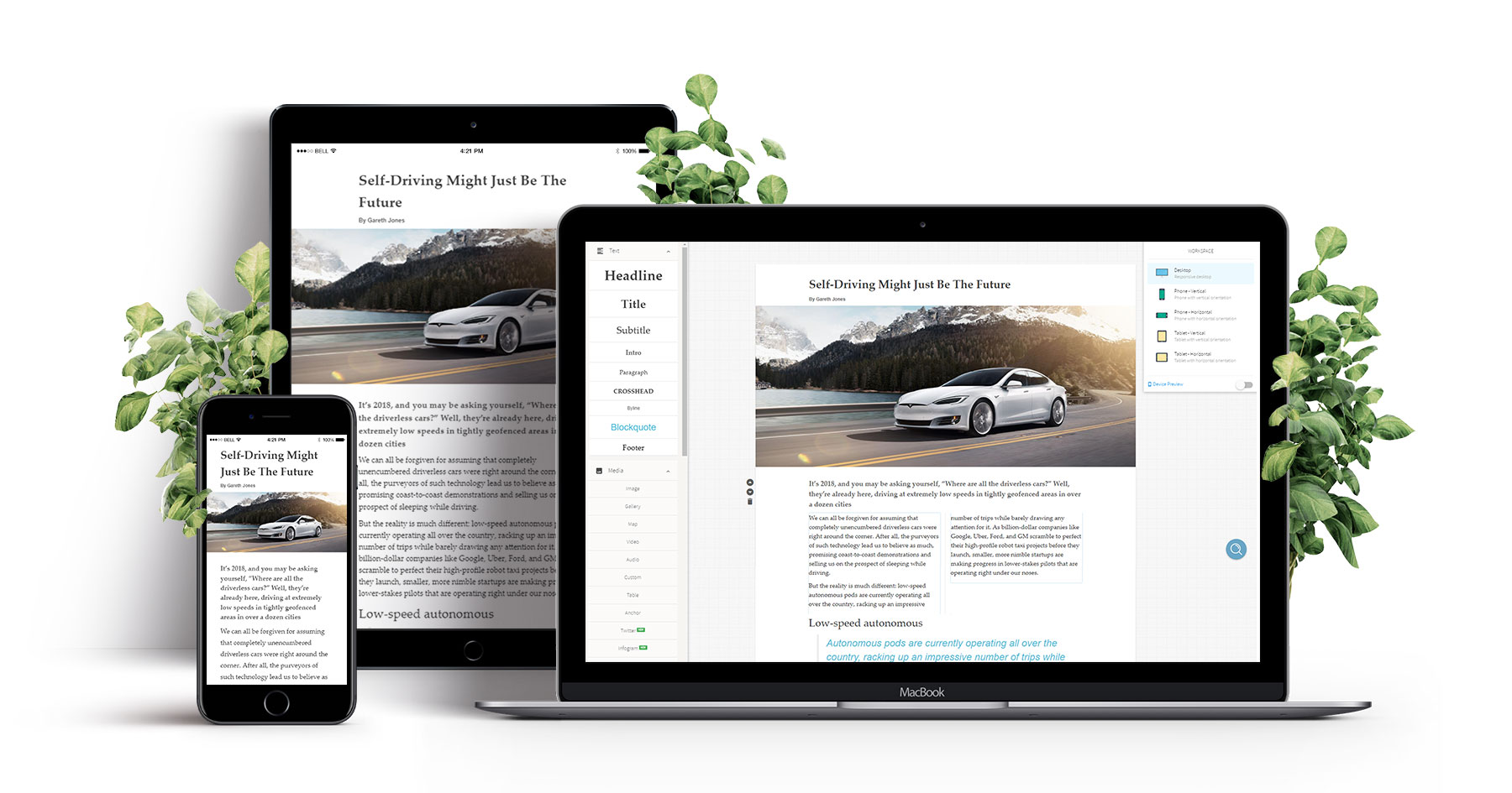 Canvasflow editor inside iMac and mobile devices